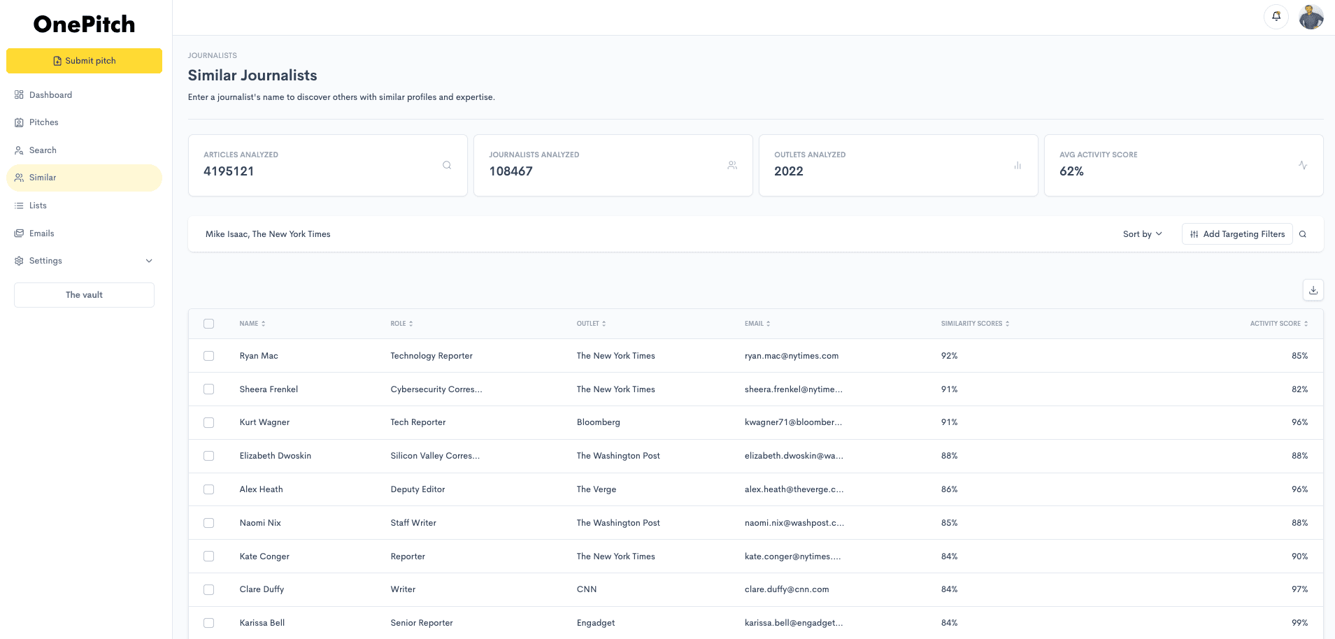 OnePitch similar journalists matching PR tool